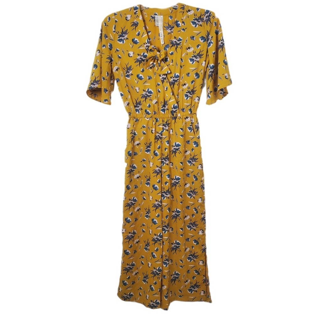 Uncle Frank by Ivy Jane Goldenrod Yellow Floral Jumpsuit XS V-Neck Bow Pockets